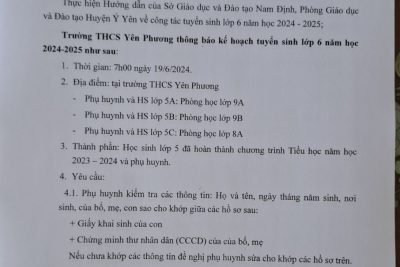 📣📣📣TRƯỜNG THCS YÊN PHƯƠNG THÔNG BÁO TUYỂN SINH LỚP 6 NĂM HỌC 2024-2025