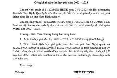 Trường THCS Yên Phương thông báo công khai mức thu học phí năm 2022 – 2023